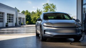Elektroauto im Sommer vor einer deutschen Werkstatt an der Ladestation