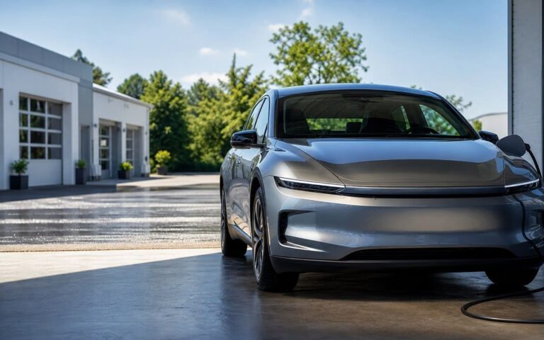 Elektroauto im Sommer vor einer deutschen Werkstatt an der Ladestation