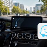 Waze-Logo auf einem Android-Auto-Display in einem modernen Fahrzeug
