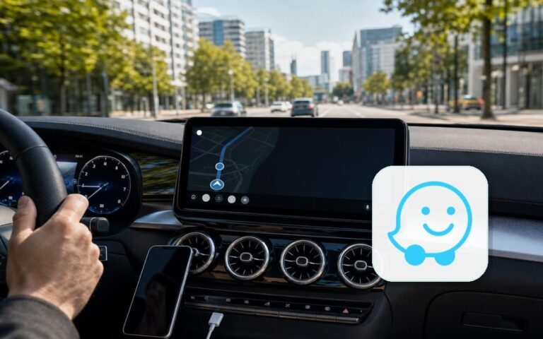 Waze-Logo auf einem Android-Auto-Display in einem modernen Fahrzeug